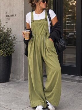 Moss Green Wide Leg Jumpsuit Pleated Waist Utility Overalls XS
